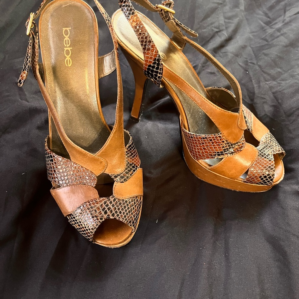 Bebe Snakeskin and Brown Strappy Heels